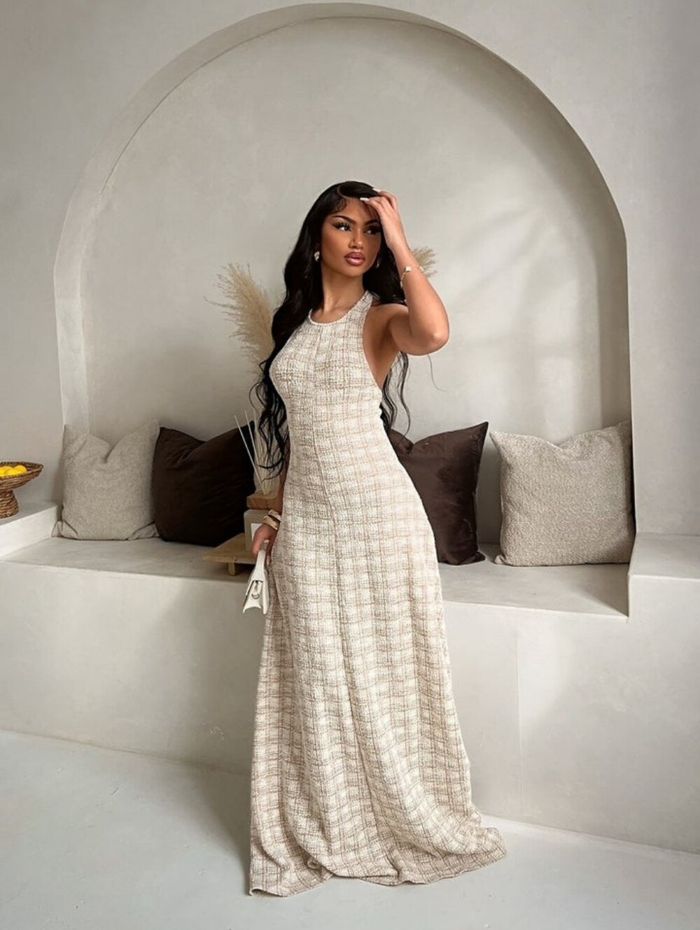 Sleeveless Cream Plaid Maxi Dress — Elegant Everyday Maxi